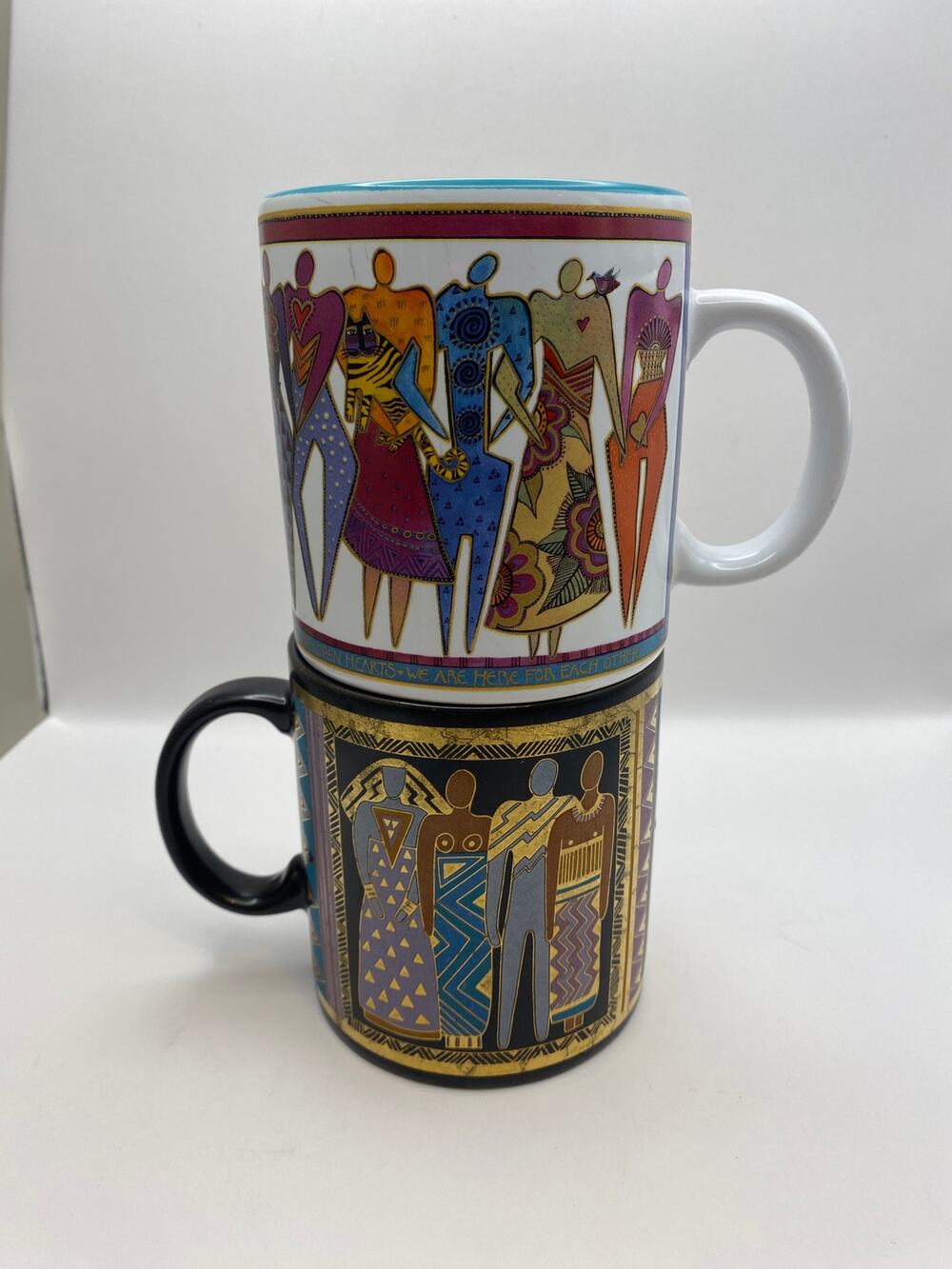 Laurel Burch Mug Set of 2 Tribal Spirit 1988 Japan Join Hands Cat 2004 Women